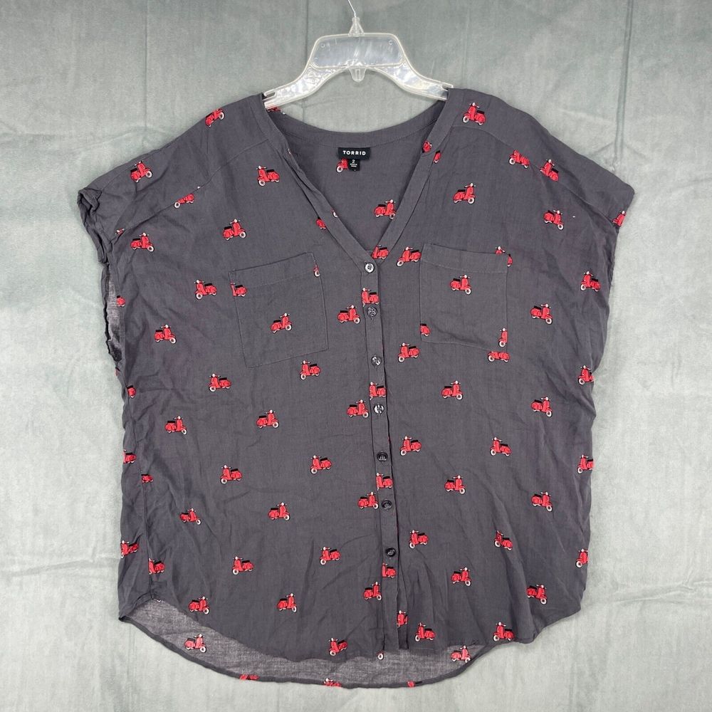 Torrid Shirt Womens 2X Gray Vespa Scooter Graphic Print Button Up Short Sleeve